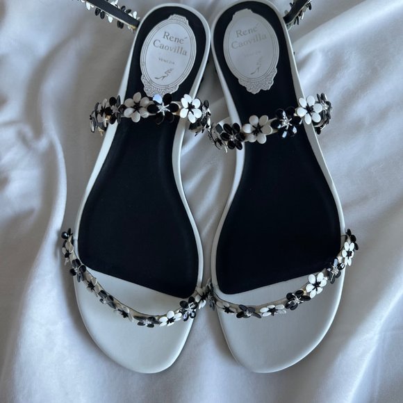 Rene Caovilla White Black Floral Strappy Flat Sandal Size EU38.5 US8.5 - Picture 9 of 16